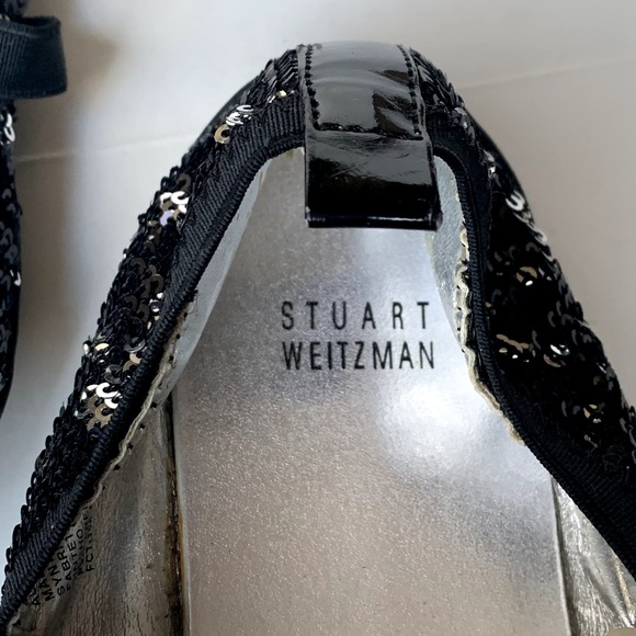 Stuart Weitzman Black Claire Sequin Patent Ballet Flats Mary Jane Elastic Size 4 - Picture 4 of 7